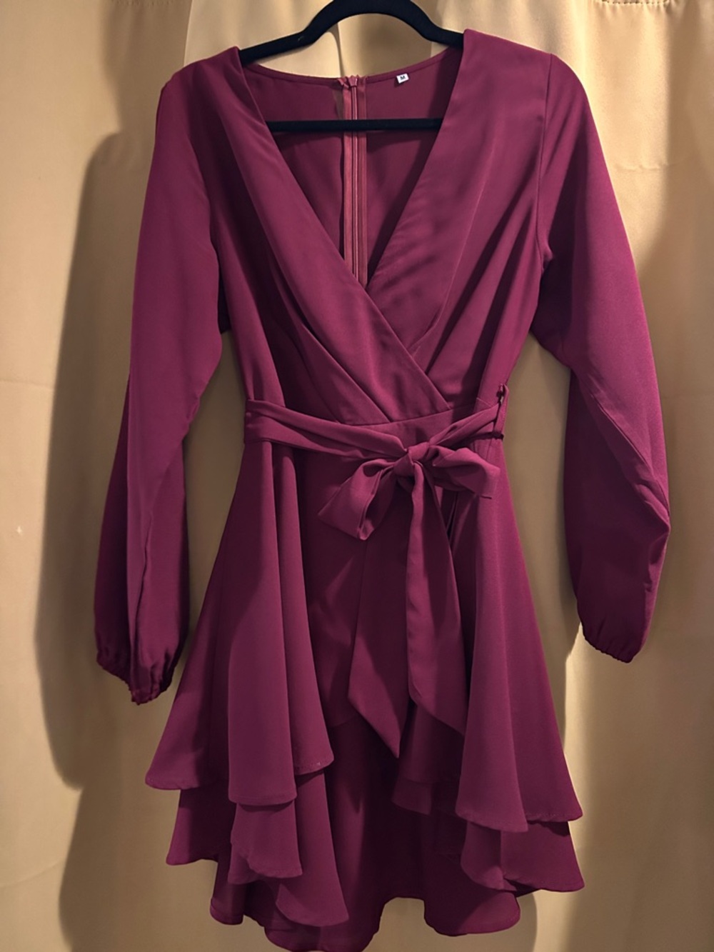 Long Sleeve Magenta Wrap Ruffle Dress with Self-Tie Waist